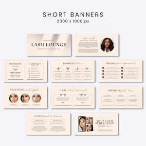 May include: A collection of ten beige digital banners for a lash lounge, featuring text headers like Short Banners 2000 x 1000 px, Lash Lounge, Booking Policies, and Premium Studio Menu, with integrated headshots and icons on a light background.