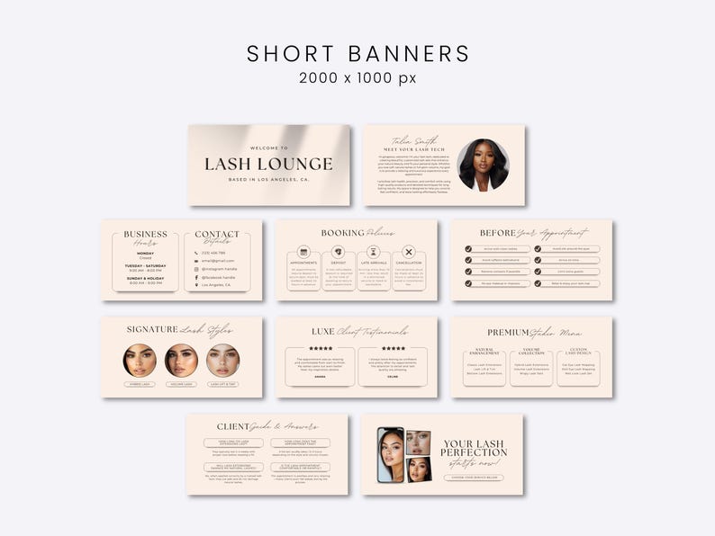 May include: A collection of ten beige digital banners for a lash lounge, featuring text headers like Short Banners 2000 x 1000 px, Lash Lounge, Booking Policies, and Premium Studio Menu, with integrated headshots and icons on a light background.