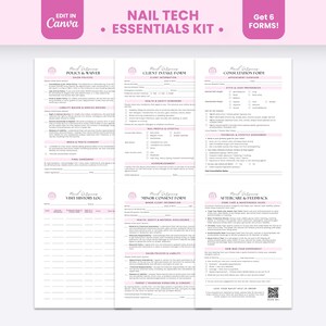Puede incluir: Un kit de elementos esenciales para técnicos de uñas con seis formularios imprimibles con detalles en rosa. Los documentos incluyen una política y exención de responsabilidad, ficha de cliente, formulario de consulta y consentimiento.