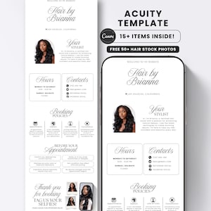 Puede incluir: Una plantilla digital en blanco y negro para el sitio web de un estilista, con el texto "Hair by Brianna" y una foto de una mujer con cabello largo y oscuro. La plantilla incluye secciones para horarios, contactos y políticas de reserva.