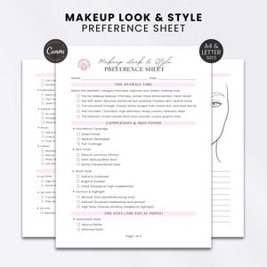 Puede incluir: Una hoja de preferencias de estilo y maquillaje en blanco con texto negro y detalles en rosa. El documento incluye secciones para el estilo general, cutis, acabado de la piel y ojos, con casillas de verificación y un dibujo de un rostro.