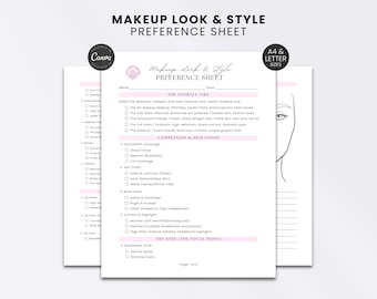 Makeup Artist Form Look and Style Preference Sheet Editable Template Beauty Salon Document Printable MUA Business Form Bridal Intake Service