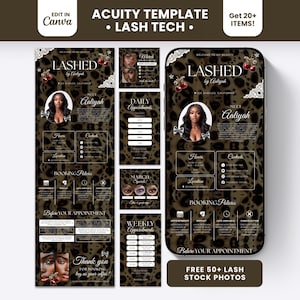 May include: A digital Acuity template set for lash technicians featuring a dark brown leopard print background with white lace accents, cherry graphics, and text including LASHED by Aaliyah, booking policies, and appointment scheduling fields.