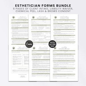May include: An Esthetician Forms Bundle featuring six pages of client intake, liability waiver, chemical peel, and lash and brow consent forms. The documents include sections for client details, medical history, and signatures in A4 and letter sizes.