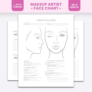 May include: A white makeup artist face chart template featuring a front-facing and side-profile line drawing of a face. The document includes sections for skin prep, complexion mapping, sculpt and colour details, advanced eye and brow, and lip mapping.