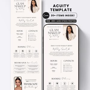 Puede incluir: Una plantilla digital de Acuity para maquilladores con un diseño en color crema, texto negro, un retrato circular, horario comercial, datos de contacto, políticas de reserva y una sección de agradecimiento en una pantalla de smartphone.