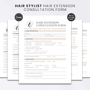 Può includere: Un modulo di consulenza per extension capelli bianco con testo nero e accenti beige chiaro. Il documento include sezioni per le informazioni sul cliente, gli obiettivi e la storia dei capelli, con caselle di controllo e righe per le risposte.