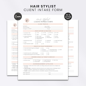 Peut inclure: Un formulaire de prise en charge pour coiffeur imprimé sur papier blanc avec du texte noir et des accents rose pâle. Le document comprend des sections pour le profil client, l'historique capillaire, la santé, les objectifs et les politiques.