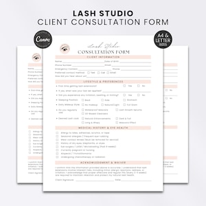 Könnte beinhalten: Ein weißes Lash Studio Kundenberatungsformular mit zartrosa Akzenten. Das Dokument enthält Abschnitte für Kundeninformationen, Lebensstil und Vorlieben, Krankengeschichte, Augengesundheit sowie eine Einverständniserklärung mit Unterschriftenzeilen.
