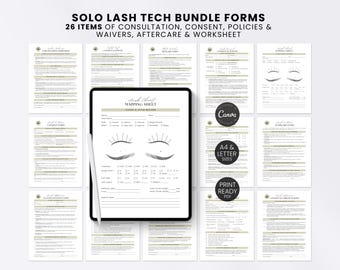 Lash Client Forms Bundle Template Green Lash Extension Liability Waiver Consent Printable Mapping Chart Guide Editable Policy and Agreement