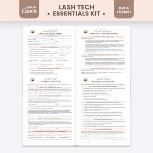 Client Intake Form Lash Extension Records Bundle Editable Printable Cream Minimalist Patch Test Consent and Waiver for Lash Tech Esthetician