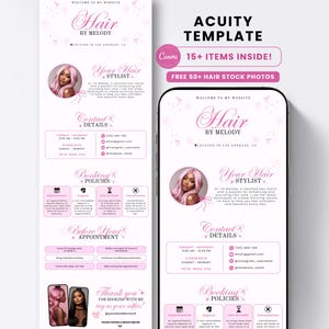Könnte beinhalten: Ein rosa-weißes digitales Template für die Website eines Friseurs mit dem Text "Hair by Melody" und "Acuity Template". Das Template enthält Abschnitte für Kontaktdaten, Buchungsrichtlinien und Informationen vor dem Termin.