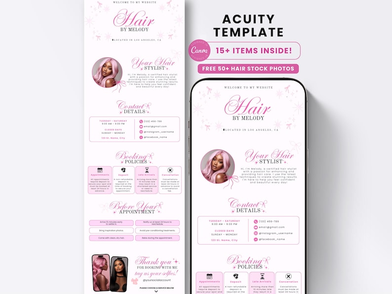 May include: A digital website template for a hair stylist named Hair by Melody, featuring a pink and white color scheme, a circular portrait of a person with pink hair, contact details, booking policies, and sections for appointment information.
