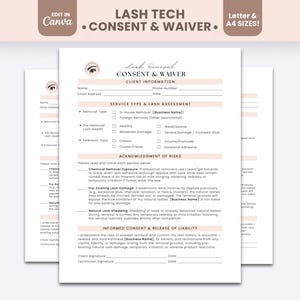 Könnte beinhalten: Ein weißes Dokument mit dem Titel Lash Removal Consent & Waiver mit zartrosa horizontalen Kopfzeilen. Das Formular enthält Abschnitte für Kundeninformationen, Dienstleistungstyp, Wimpernanalyse, Risikohinweise und eine Haftungsausschlusserklärung.