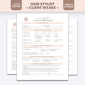 May include: A printable hair stylist client intake form document featuring sections for client profile, hair history, routine, health, scalp screening, desired goals, and policies. The text includes headers like Hair Stylist Client Intake Form.