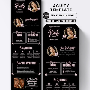 Könnte beinhalten: Eine schwarze digitale Vorlage für ein Nagelstudio mit einem Frauenporträt, Salondetails und Buchungsinformationen. Der Text enthält "Nails by Melody", Geschäftszeiten, Kontaktinformationen und Buchungsrichtlinien. Die Vorlage ist für die Verwendung mit Acuity konzipiert.