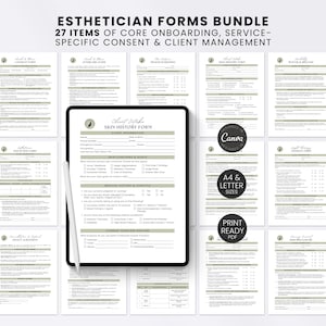Könnte beinhalten: Ein digitales Bündel von 27 Kosmetiker-Formularen für Kundenmanagement, Onboarding und Service-Einwilligungen. Die Sammlung enthält Dokumente mit salbeigrünen Kopfzeilen und schwarzem Text, dargestellt auf einem Tablet und als Einzelseiten.