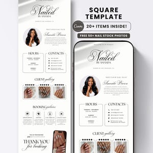 May include: A digital website template for a nail technician titled Nailed by Amanda, featuring a circular portrait, business hours, contact information, a client gallery with star ratings, booking policies, and a thank you section on a smartphone.