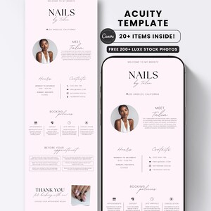 May include: A digital template for a nail salon website featuring a light pink background, black text, and a circular portrait. The layout includes sections for business hours, contact information, booking policies, and a thank you note with nail art.