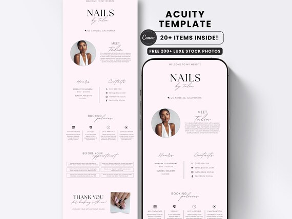 Nail Tech Acuity Scheduling Template Nail Website Luxury Minimalist Pink Booking Site Editable Canva Template Hair Lash Esthetician Spa MUA