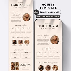 May include: A digital marketing template for a hair salon featuring a beige colour scheme, the text "WELCOME TO HAIR LOUNGE," booking policies, stylist profiles, and client testimonials, displayed on a smartphone screen and a vertical layout.
