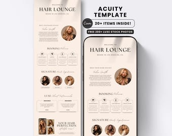 Hair Stylist Acuity Scheduling Booking Website with FAQ Template Luxury Cream Square Banner Branding Kit Minimalist Instagram Post Wig Braid