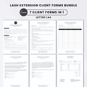 May include: A collection of seven lash extension client forms in Letter and A4 sizes. The forms include client intake, consent, and invoice templates. The forms are in black and white with the text "LASH EXTENSION CLIENT FORMS BUNDLE".