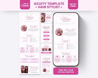 Puede incluir: Una plantilla digital de Acuity para estilistas de cabello con un esquema de color rosa y blanco. El diseño incluye secciones para datos de contacto, políticas de reserva y citas, con el texto Hair by Melody y Hair Stylist.