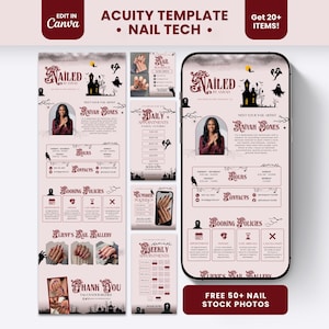 Puede incluir: Una plantilla digital de Acuity para técnicos de uñas con temática de Halloween que incluye una casa embrujada, fantasmas y murciélagos. El diseño presenta secciones para biografía, horarios, políticas de reserva y una galería en tonos rojo oscuro.