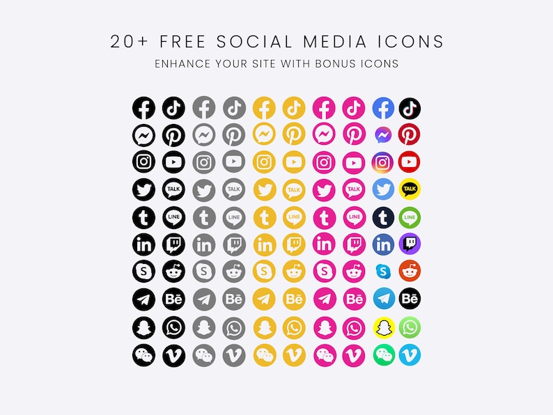 May include: A collection of social media icons arranged in a grid, featuring various platforms in black, gray, yellow, pink, and multi-colored circular designs. The text at the top reads 20+ FREE SOCIAL MEDIA ICONS ENHANCE YOUR SITE WITH BONUS ICONS.