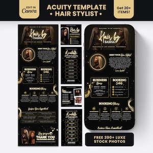 May include: A digital marketing template set for a hair stylist featuring a black and gold color scheme. The design includes sections for business hours, booking policies, and contact information, with text reading Hair by Sasha and Acuity Template.