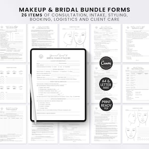 May include: A collection of 26 makeup and bridal bundle forms for consultation, intake, styling, booking, logistics, and client care. The documents are displayed on a tablet screen with a stylus, featuring black text on white paper with face charts.