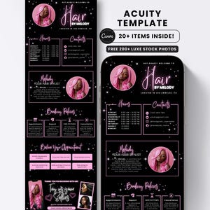 May include: A black digital template for a hair stylist, featuring pink accents and the text "Hair by Melody." The template includes sections for hours, contacts, booking policies, and a call to action to book an appointment.