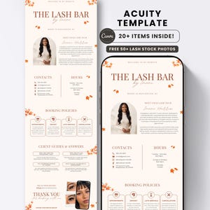 Op de afbeelding: Een digitale website-sjabloon voor The Lash Bar met een crèmekleurige achtergrond en oranje herfstbladaccenten. De lay-out bevat secties voor contactgegevens, openingstijden, boekingsbeleid en een professionele profielfoto.