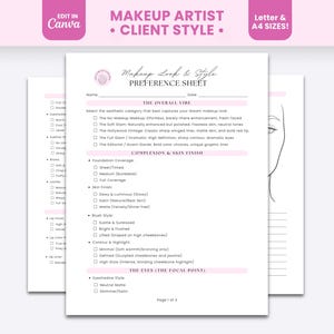May include: A white makeup artist client style preference sheet with black text and pink headers. The document includes sections for overall vibe, complexion, skin finish, and eye style, featuring checkboxes and a line drawing of a face profile.