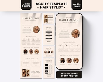 Puede incluir: Un conjunto de plantillas digitales para estilistas de cabello que incluye una pantalla de teléfono móvil y tarjetas de diseño vertical. El diseño incluye el texto "Hair Lounge", "Booking Policies" y "Signature Hair Experience" con espacios para fotos y detalles de citas.