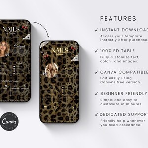 Puede incluir: Dos tel&eacute;fonos inteligentes muestran una plantilla digital de reserva para t&eacute;cnicos de u&ntilde;as con fondo de estampado de leopardo marr&oacute;n, detalles de encaje blanco, gr&aacute;ficos de cerezas y texto que incluye NAILS by Aaliyah y NAILS by Amira.