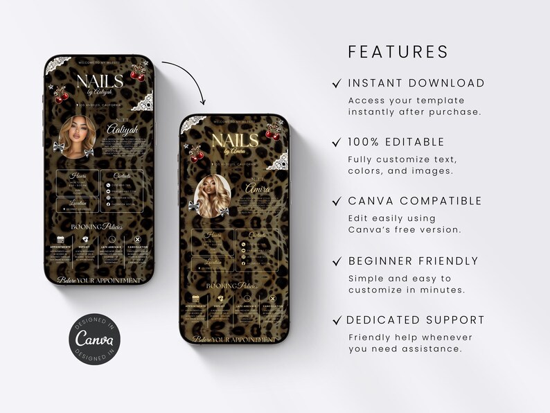 Puede incluir: Dos tel&eacute;fonos inteligentes muestran una plantilla digital de reserva para t&eacute;cnicos de u&ntilde;as con fondo de estampado de leopardo marr&oacute;n, detalles de encaje blanco, gr&aacute;ficos de cerezas y texto que incluye NAILS by Aaliyah y NAILS by Amira.