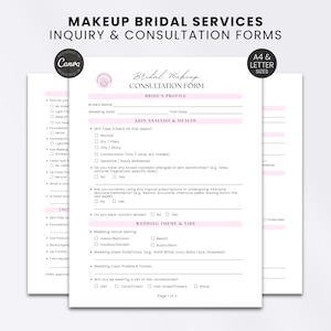 Peut inclure: Un formulaire de consultation de maquillage de mariée blanc avec du texte noir et des accents rose clair. Le document comprend des sections pour le profil de la mariée, l'analyse de la peau, la santé et le thème du mariage.