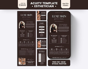 May include: A digital template set for an esthetician business, featuring a dark brown color scheme with white text. The layout includes a mobile phone display, various scheduling cards, and appointment forms labeled Luxe Skin, with sections for business hours, contact info, and booking policies.