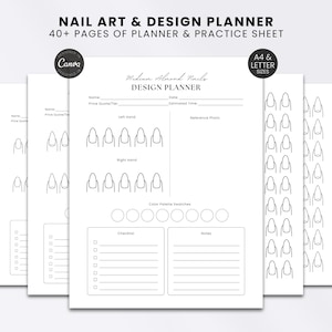Pode incluir: Um planejador de design e arte de unhas branco com mais de 40 páginas de folhas de prática. O documento inclui seções para nome, data, preço, tempo estimado, diagramas de unhas, paletas de cores, lista de verificação e área de notas.