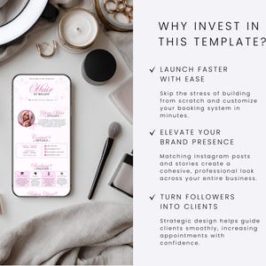 May include: A smartphone displaying a pink and white website template for a hair stylist, surrounded by makeup brushes and cosmetics. The text reads: WHY INVEST IN THIS TEMPLATE? LAUNCH FASTER WITH EASE, ELEVATE YOUR BRAND PRESENCE, TURN FOLLOWERS INTO CLIENTS.