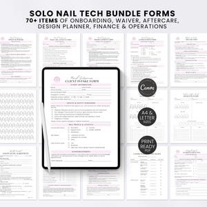 May include: A digital bundle of nail technician business forms including client intake, policy, waiver, aftercare, design planner, and finance documents. The collection features black text on white pages with pink accents, displayed on a tablet screen.