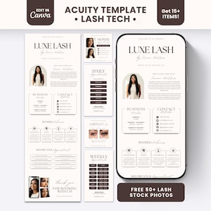 May include: A digital template set for a lash technician featuring a smartphone display and multiple vertical layout cards. The design uses a neutral color palette with dark brown text, including the title Luxe Lash by Imani Harris, business hours, contact details, and booking policies.