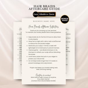 Hair Braids Aftercare Card Template Editable Hair Care Card Printable Hair Salon Canva Template Salon Handout Braid Aftercare Instructions