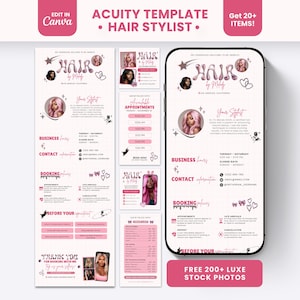 May include: A digital Acuity template for hair stylists featuring a pink and white color scheme. The design includes sections for business hours, contact information, and booking policies, decorated with small heart and star icons.