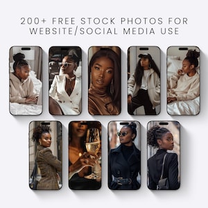 May include: A collection of eight smartphone cases featuring images of Black women in various poses and outfits. The cases are arranged on a white surface, with the text "200+ FREE STOCK PHOTOS FOR WEBSITE/SOCIAL MEDIA USE" at the top.