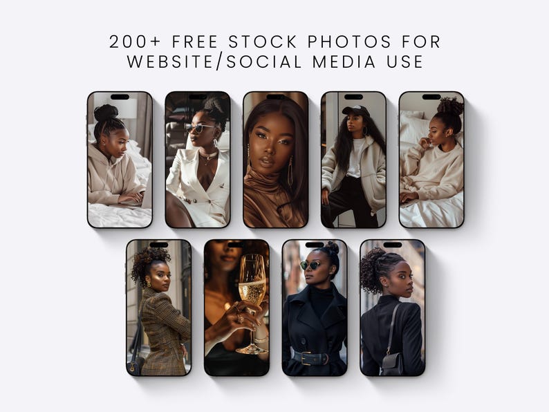 May include: A collection of eight smartphone cases featuring images of Black women in various poses and outfits. The cases are arranged on a white surface, with the text "200+ FREE STOCK PHOTOS FOR WEBSITE/SOCIAL MEDIA USE" at the top.