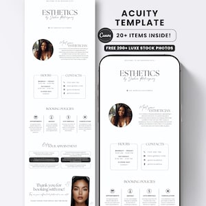 May include: A digital booking site template for estheticians featuring a clean white layout with black text, including sections for hours, contact information, booking policies, and a circular profile photo. The design is displayed on a smartphone screen.