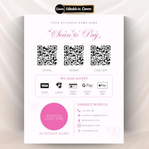 QR Payment Sign Editable Scan to Pay Sign Template for Hair Lash Nail Esthetician Braids Wig Barber, Zelle Venmo Payment Method QR Code Sign